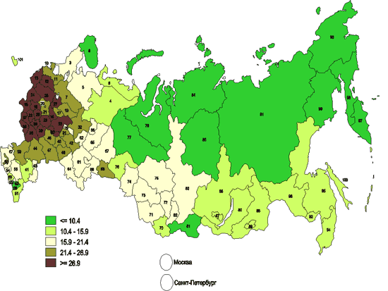 Доля лиц в возрасте 60 лет и старше среди сельского населения России, по данным переписи 2002 года (%)
