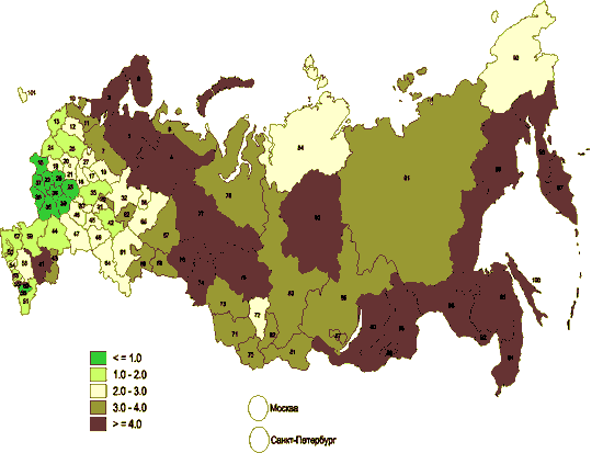 Изменение среднего возраста сельского населения субъектов федерации между переписями 2002 и 1989 годов (лет)
