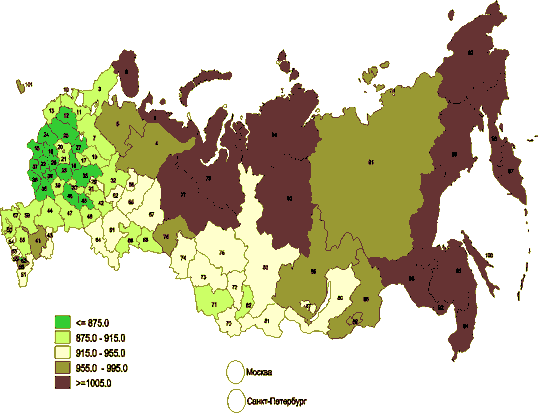 Соотношение полов в сельском населении по данным переписи 2002 года (число мужчин на 1000 женщин)