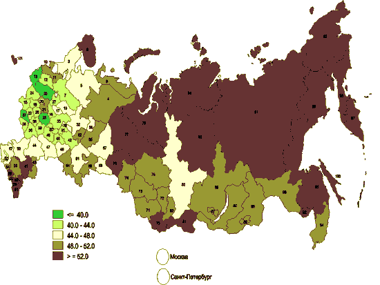 Доля женщин репродуктивных возрастов в общей численности сельского женского населения России по данным переписи населения 2002 года (%)