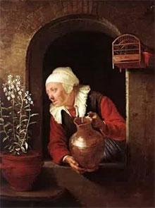 Геррит Доу. Старая женщина, поливающая цветы. Gerrit Dou. Old woman at the window, watering her flowers. (1660-1665) 